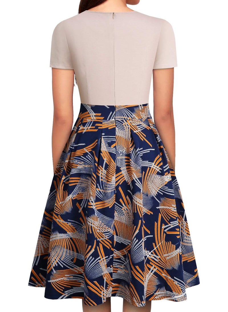 YATHON Women's Vintage Floral Flared A-Line Swing Casual Party Dresses with Pockets (L, YT018-Beige Firework) - Image 2